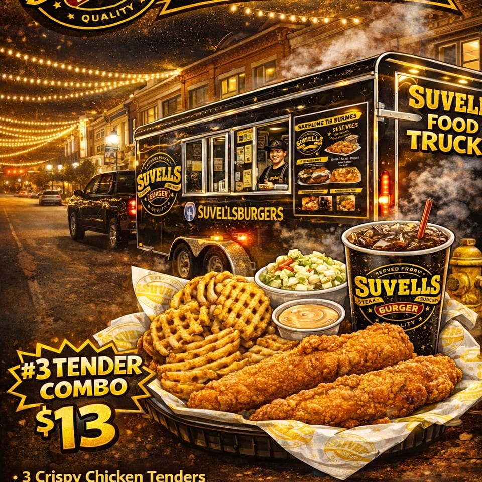 Suvell's Food Truck at night with a #3 Tender Combo: chicken tenders, waffle fries, coleslaw, and drink.