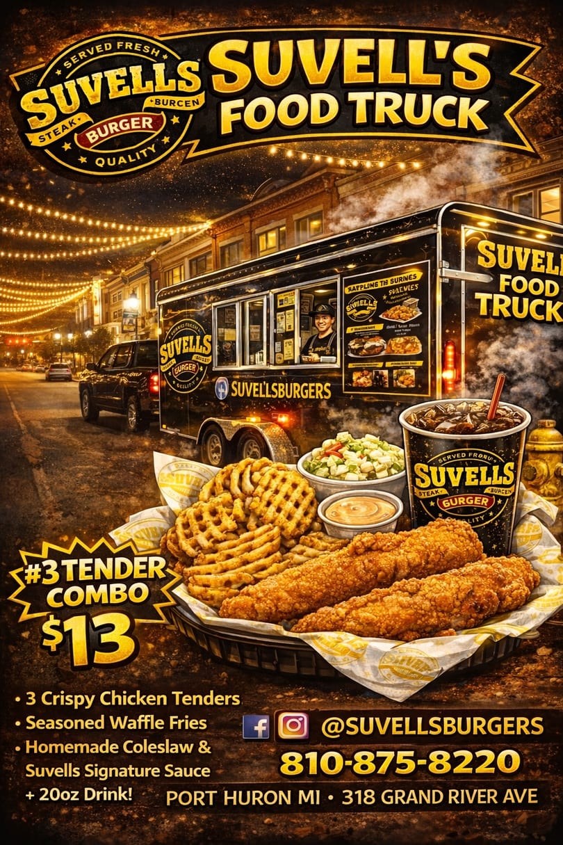 Suvell's Food Truck at night with a #3 Tender Combo: chicken tenders, waffle fries, coleslaw, and drink.