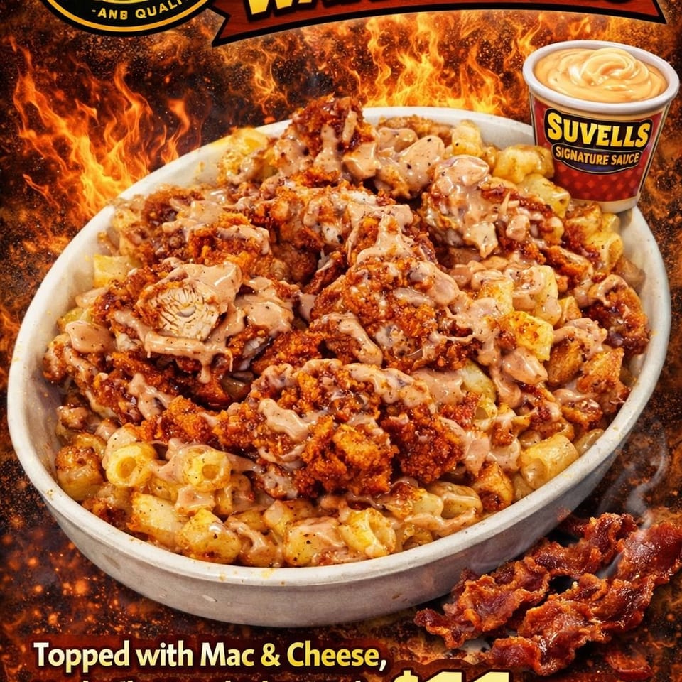 Suvells Loaded Waffle Fries with mac & cheese, Nashville hot chicken, and signature sauce.