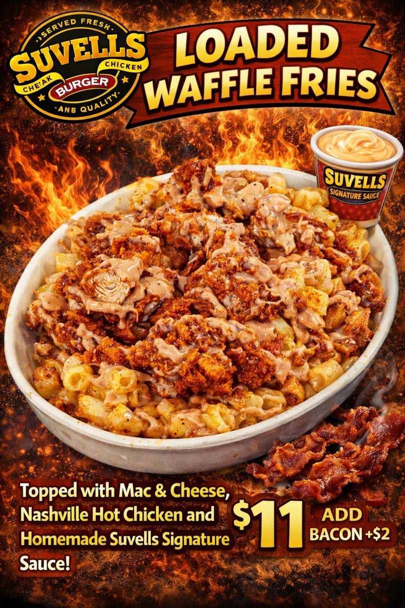 Suvells Loaded Waffle Fries with mac & cheese, Nashville hot chicken, and signature sauce.