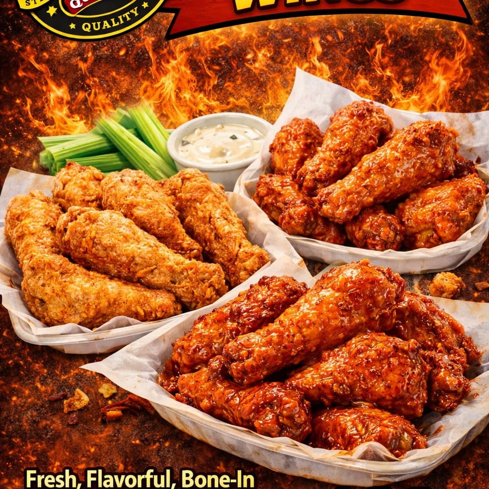 Suvell's bone-in wings, traditional and tossed in sauce, with celery and ranch, against a fiery background.