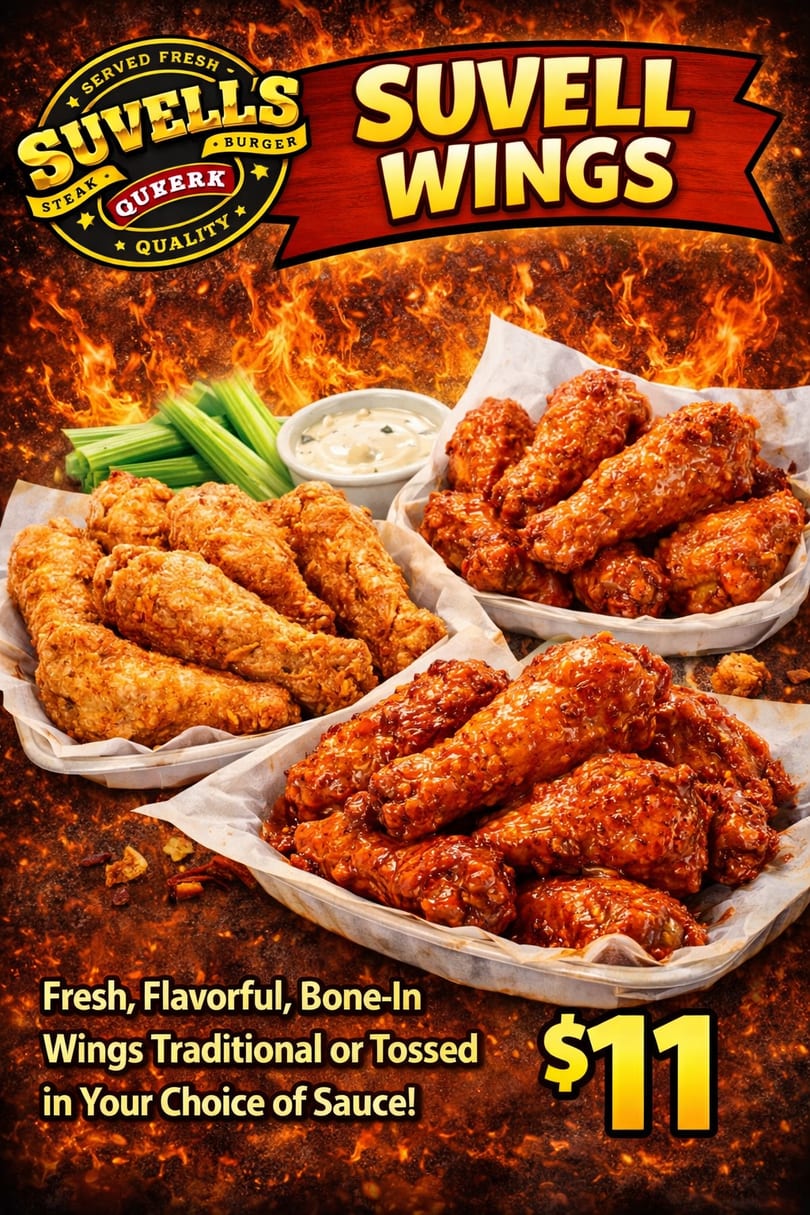 Suvell's bone-in wings, traditional and tossed in sauce, with celery and ranch, against a fiery background.