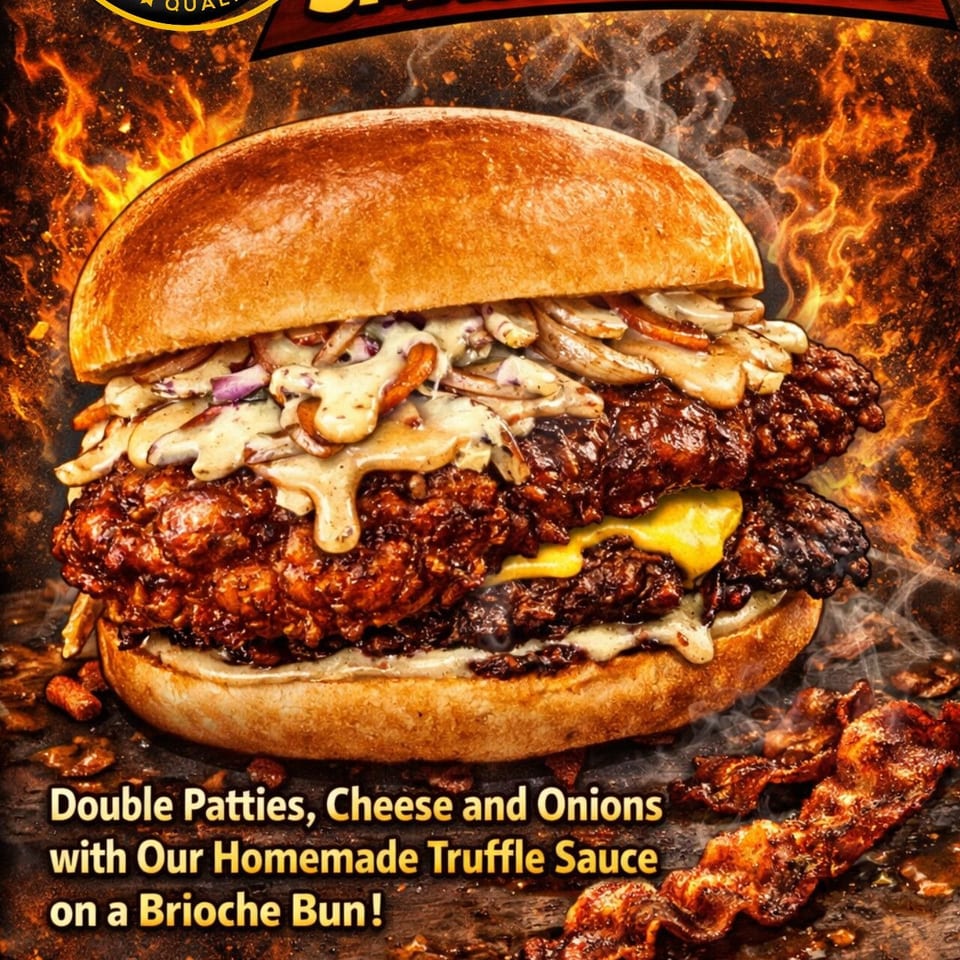 Suvells Truffle Smash Burger with double patties, cheese, onions, truffle sauce, and bacon.