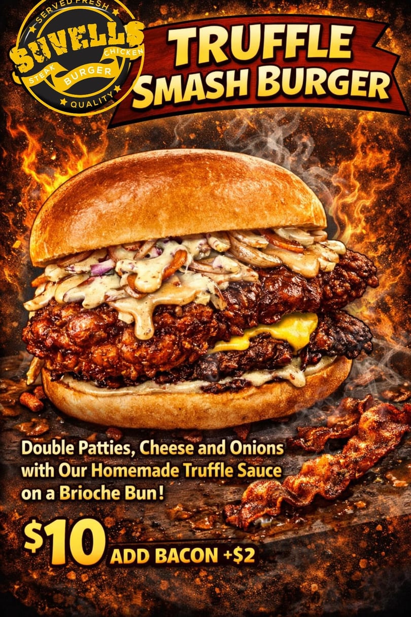 Suvells Truffle Smash Burger with double patties, cheese, onions, truffle sauce, and bacon.
