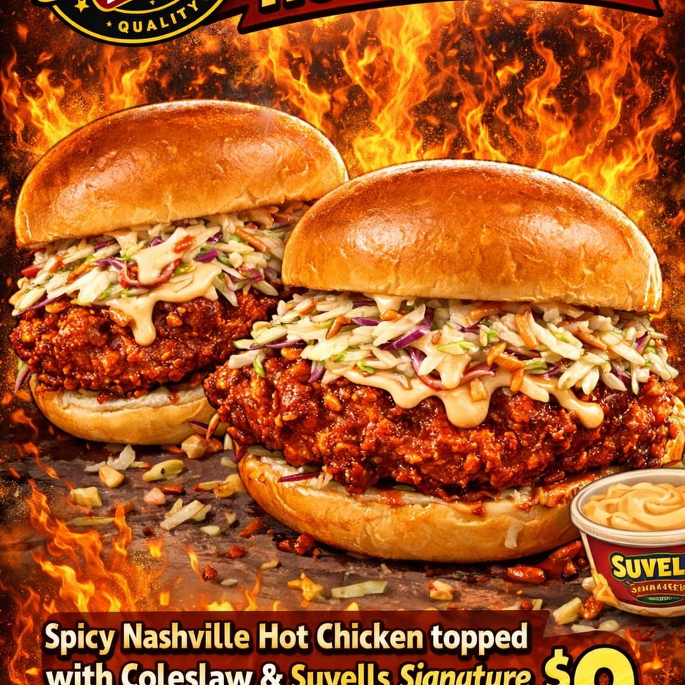 Two Nashville hot chicken sandwiches with coleslaw and sauce, against a fiery background.