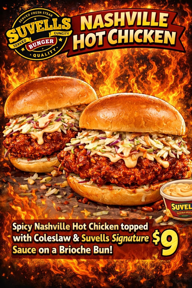 Two Nashville hot chicken sandwiches with coleslaw and sauce, against a fiery background.