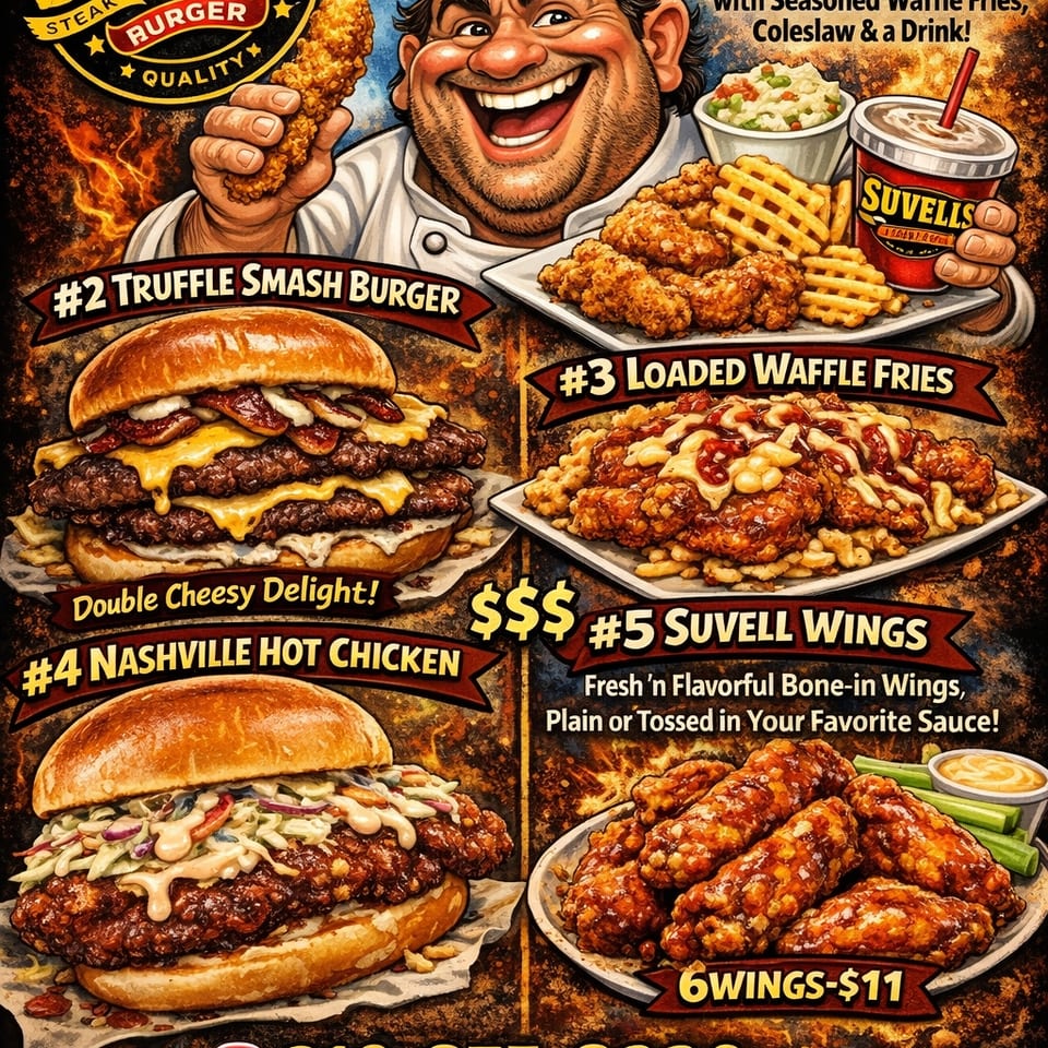 Cartoon chef presenting Suvells' menu items: chicken tenders, smash burgers, loaded fries, and wings.