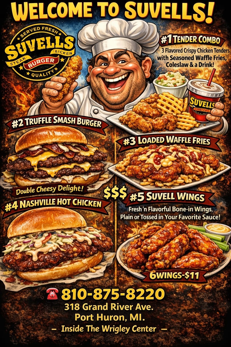 Cartoon chef presenting Suvells' menu items: chicken tenders, smash burgers, loaded fries, and wings.